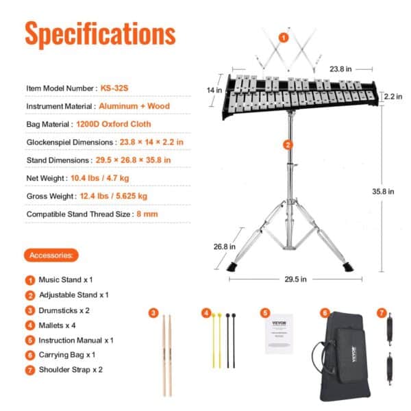 VEVOR glockenspiel kit with adjustable stand, drumsticks, mallets, instruction manual, and carrying bag.