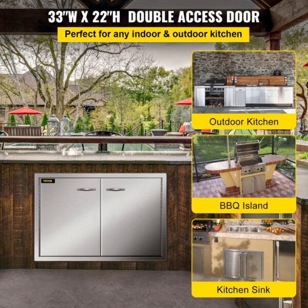 VEVOR bbq access door in outdoor kitchen with grill, island, and sink options.