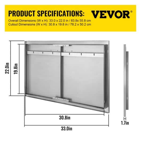 VEVOR bbq access door dimensions and specifications with stainless steel construction.