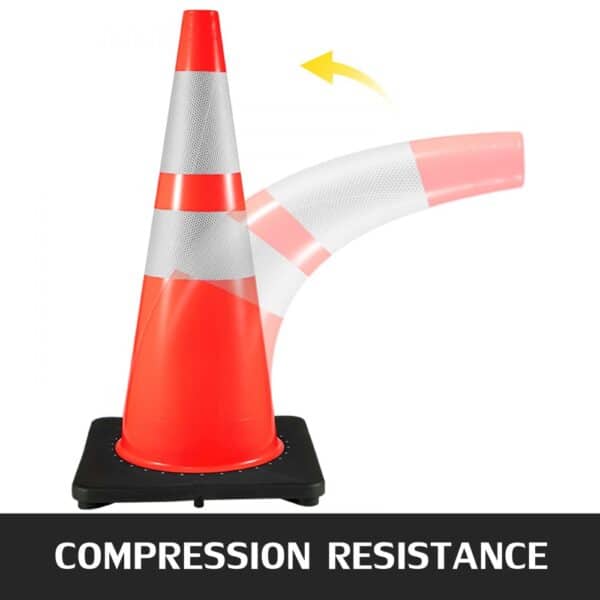 VEVOR traffic cones demonstrating compression resistance with flexible design.