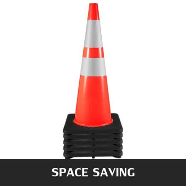 VEVOR traffic cones in a stack, showcasing space-saving design with reflective stripes.