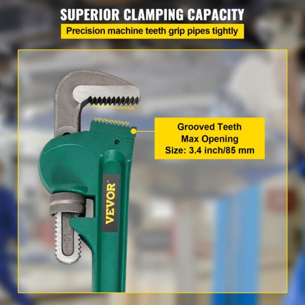 VEVOR pipe wrench with grooved teeth and 3.4-inch max opening size.