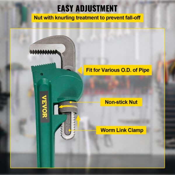 VEVOR pipe wrench with easy adjustment, non-stick nut, and worm link clamp.