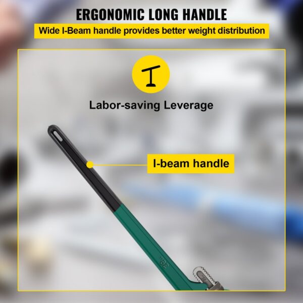 VEVOR pipe wrench with ergonomic long i-beam handle for labor-saving leverage.