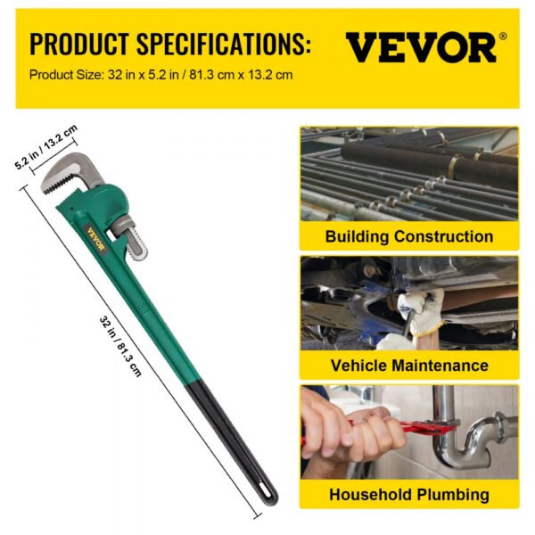 VEVOR pipe wrench with dimensions 32x5.2 inches for construction, maintenance, plumbing.