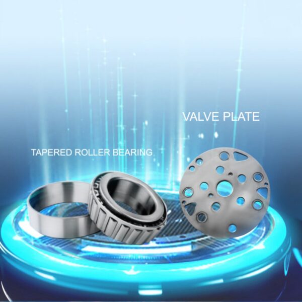 VEVOR air compressor pump components: tapered roller bearing and valve plate against a blue tech backdrop.