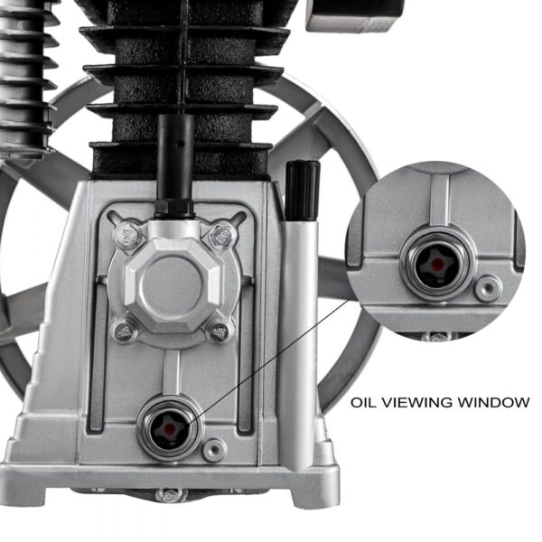 VEVOR air compressor pump with close-up of oil viewing window.