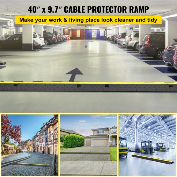 VEVOR cable protectors in parking lot, street, driveway, and warehouse.