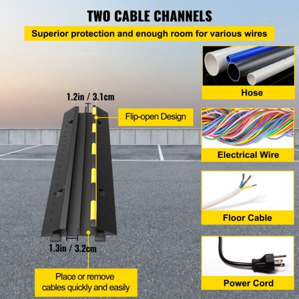 VEVOR cable protectors with two channels for hose, electrical wire, floor cable, and power cord.