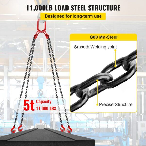 VEVOR engine lift chain, 11,000 lb load capacity, g80 mn-steel with smooth welding joint.