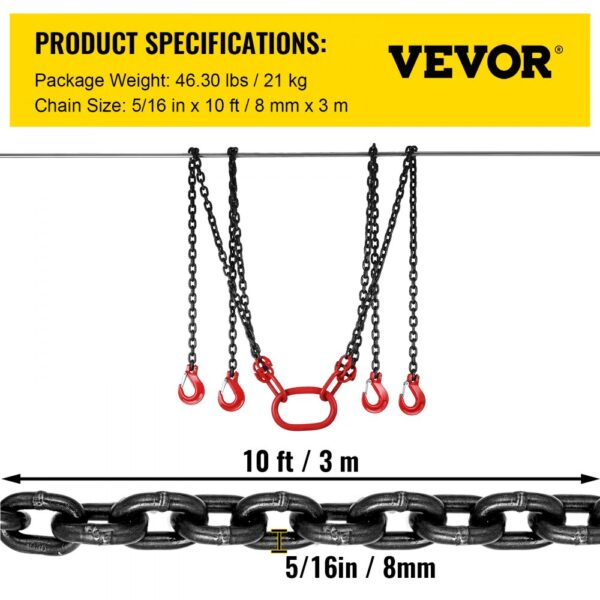 VEVOR engine lift chain, 5/16” x 10ft with four hooks, 46.30lbs package weight.