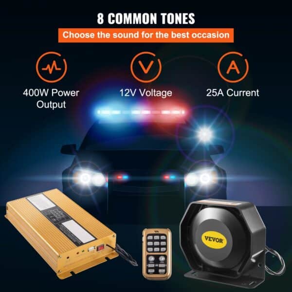 VEVOR car warning alarm system with 400w output, 12v voltage, and 25a current.