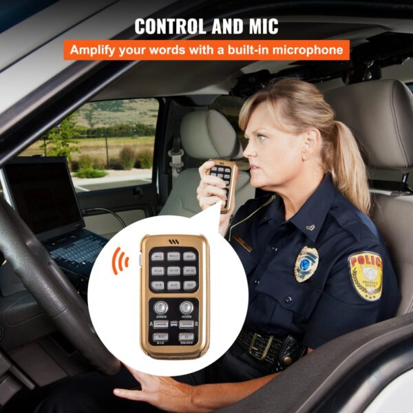 police officer using VEVOR car warning alarm system with built-in mic inside patrol vehicle.