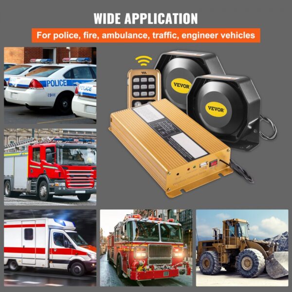 VEVOR car warning alarm system for police, fire, ambulance, and engineer vehicles.