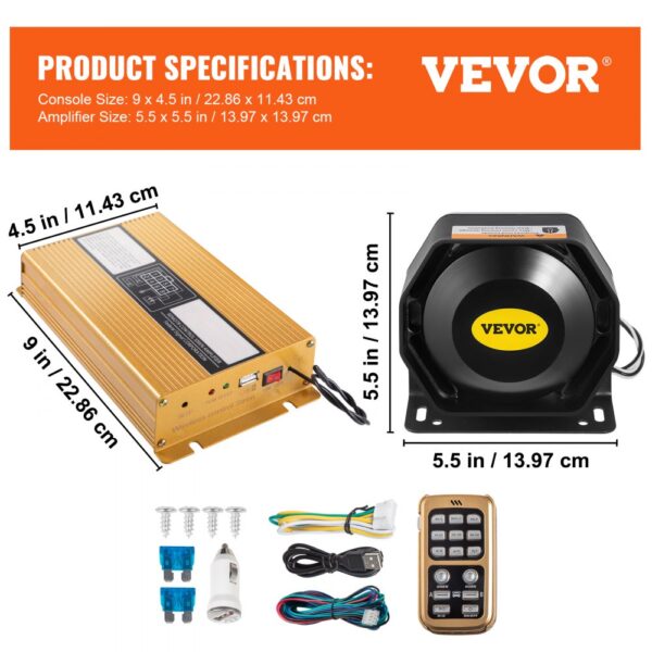 VEVOR car warning alarm system with console, amplifier, cables, and remote components.