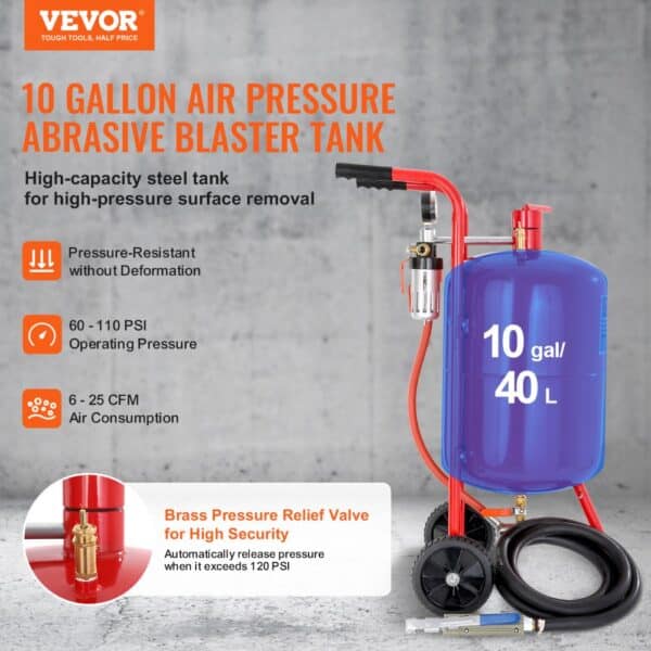 VEVOR sandblaster: 10-gallon air pressure abrasive blaster tank with brass pressure valve.