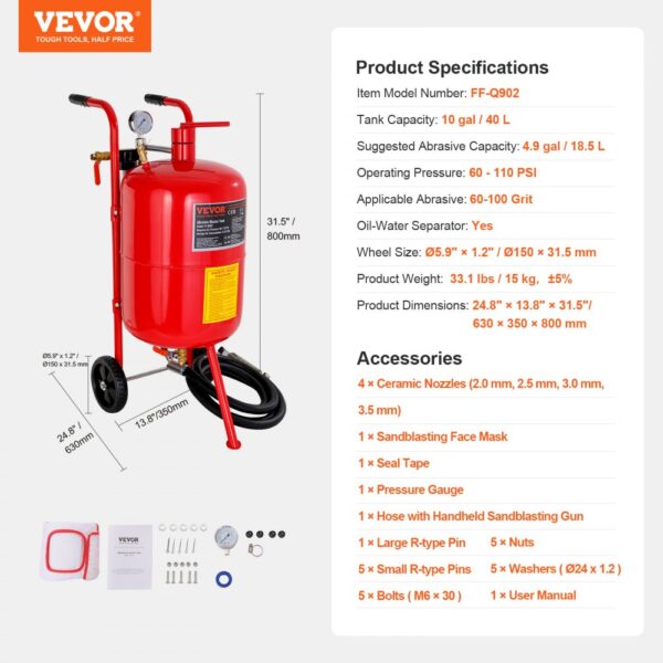 VEVOR sandblaster with 10-gallon tank, accessories, and specifications listed.