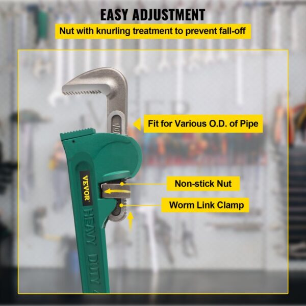 VEVOR pipe wrench with non-stick nut and worm link clamp for easy adjustment