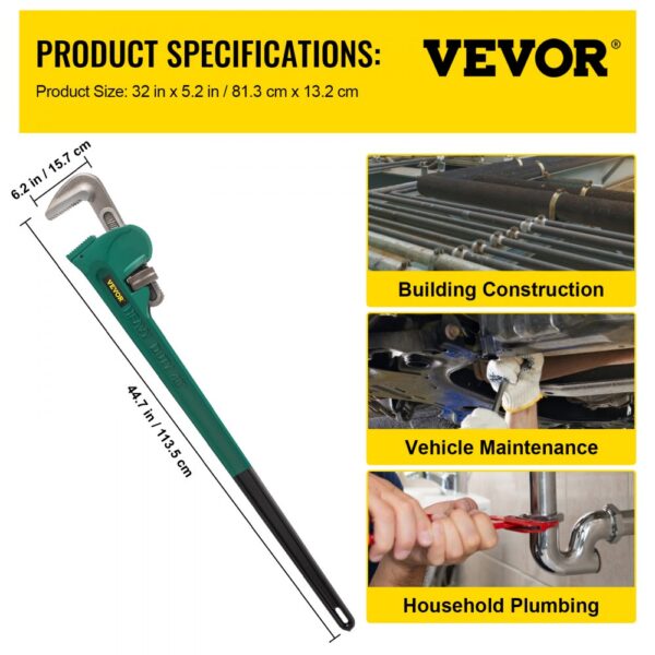 VEVOR pipe wrench specs, versatile for building construction, vehicle maintenance, and plumbing.