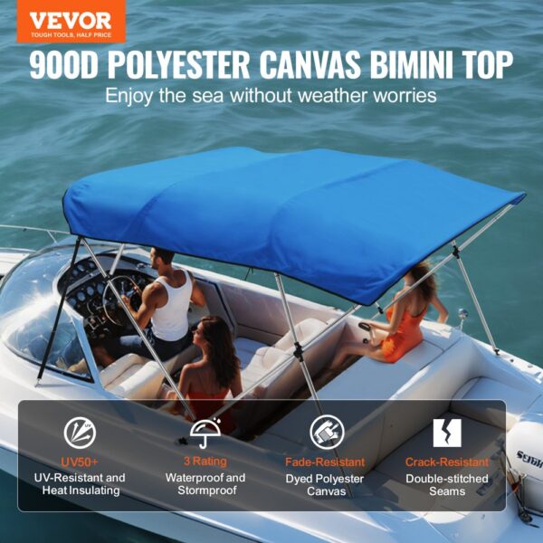 VEVOR bimini top boat cover provides uv50+ protection, waterproof rating, and crack-resistant seams.