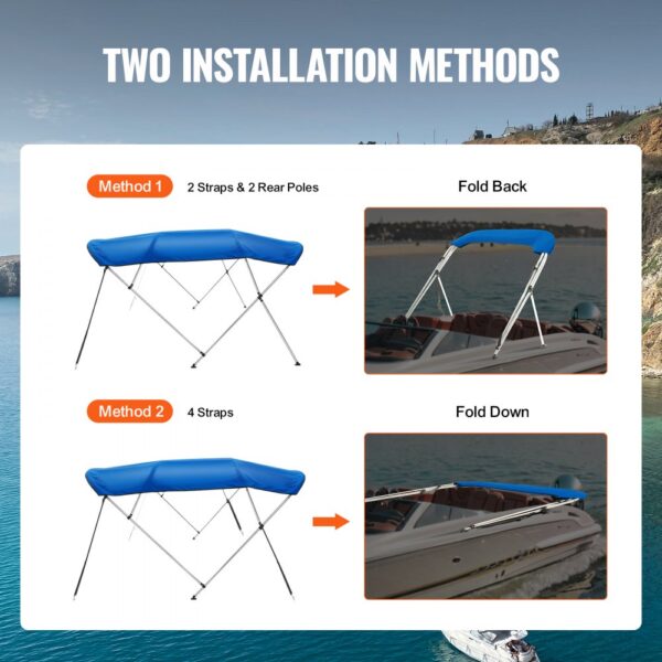 two methods to install VEVOR bimini top boat cover with diagrams showing 2 straps, rear poles, and 4 straps.