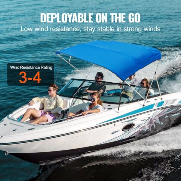 VEVOR bimini top boat cover on speedboat with blue canopy, showcasing low wind resistance and stability.