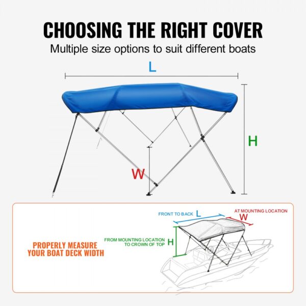 VEVOR bimini top boat cover size guide with measurements for length, width, and height.