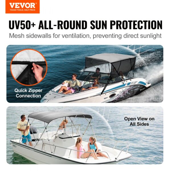 VEVOR bimini top boat cover with uv50+ protection, mesh sidewalls, quick zipper connection, and open view.