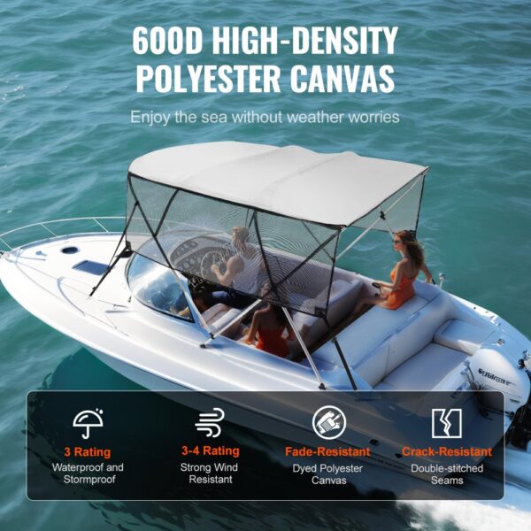 boat on water with VEVOR bimini top boat cover, high-density polyester canvas, and weather-resistant features.