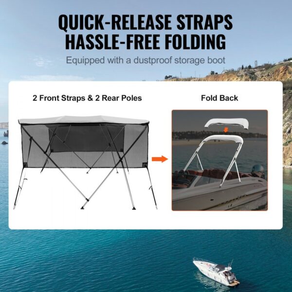 VEVOR bimini top boat cover with quick-release straps for hassle-free folding and dustproof storage boot.