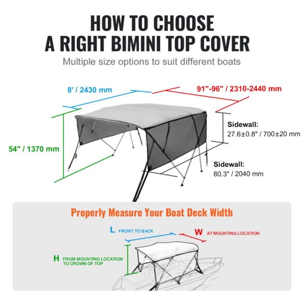 how to choose the right VEVOR bimini top boat cover with measurements and size options for different boats.