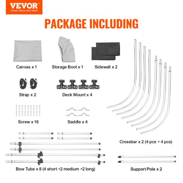 VEVOR bimini top boat cover components: canvas, storage boot, sidewalls, straps, deck mounts, and hardware.