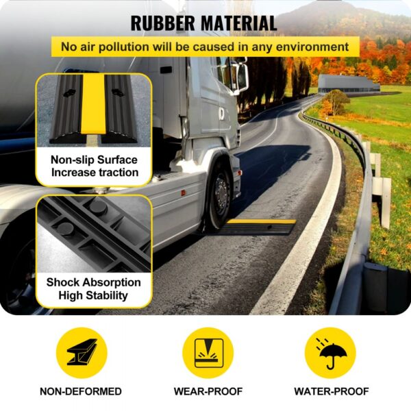 truck on road with VEVOR cable protector ramp showcasing non-slip, shock absorption features.