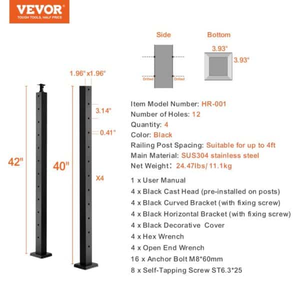 VEVOR cable railing post, 42" and 40" black posts, 12 holes, sus304 stainless steel, includes accessories.