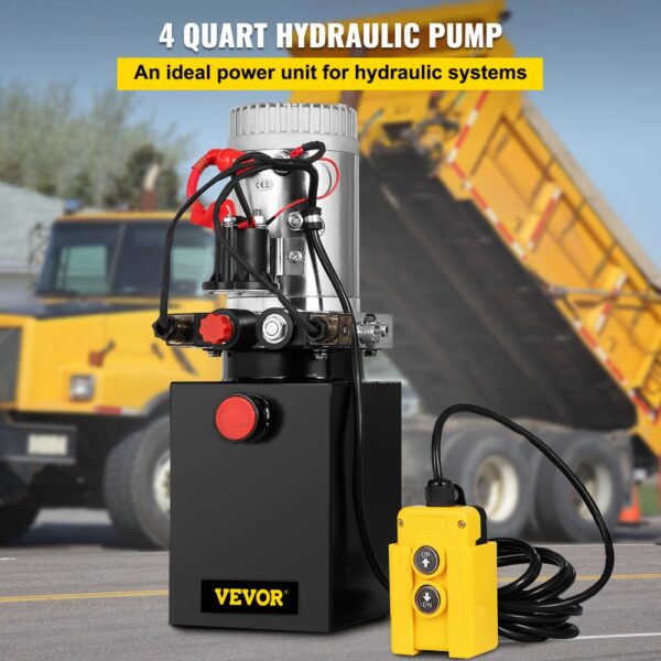 VEVOR hydraulic pump with controller, positioned in front of a yellow dump truck.