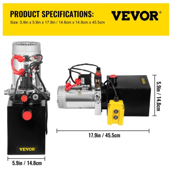 VEVOR hydraulic pump with specifications: 5.9in x 5.9in x 17.9in.