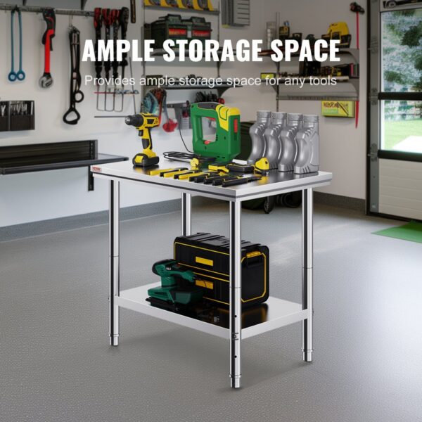 VEVOR stainless steel prep table with tools and storage in a organized garage workshop.