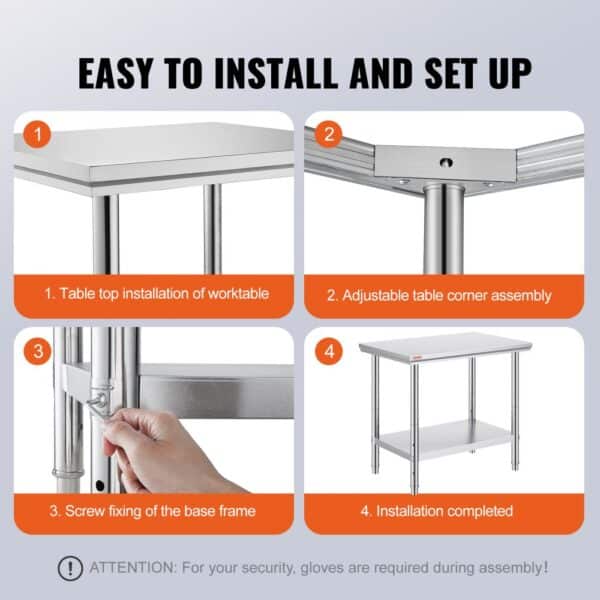 easy installation steps for VEVOR stainless steel prep table; secure assembly instructions