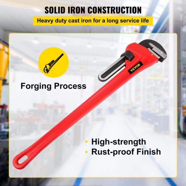 VEVOR pipe wrench with high-strength, rust-proof red handle and solid iron construction.