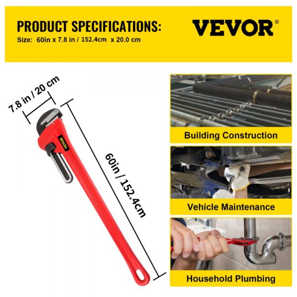 VEVOR pipe wrench: 60in x 7.8in, for building, vehicle, and plumbing tasks.