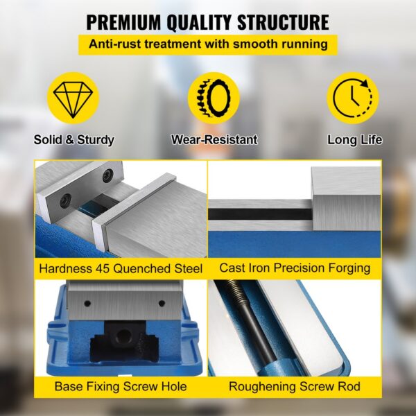 VEVOR milling vise with anti-rust treatment, hardness 45 quenched steel.