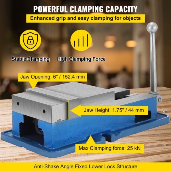 VEVOR milling vise with powerful clamping capacity, 6" jaw opening, and 25 kn max force.