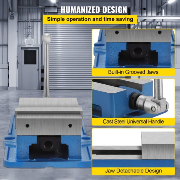 VEVOR milling vise with built-in grooved jaws, cast steel handle, and detachable jaw design.