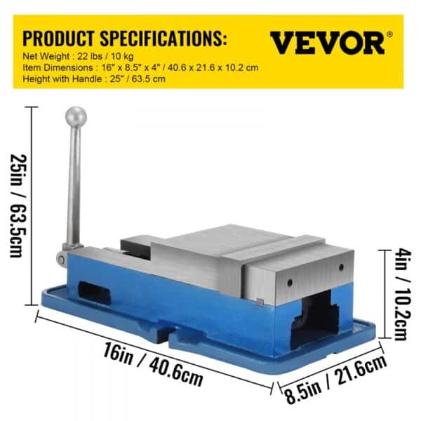 VEVOR milling vise with dimensions and specifications in yellow banner.