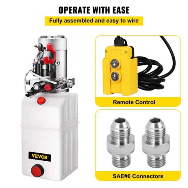 VEVOR hydraulic power unit with remote control and sae#6 connectors in yellow accents.