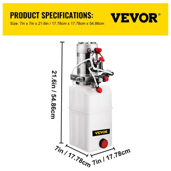 VEVOR hydraulic power unit with dimensions: 7in x 21.6in x 7in (17.78cm x 54.86cm x 17.78cm).