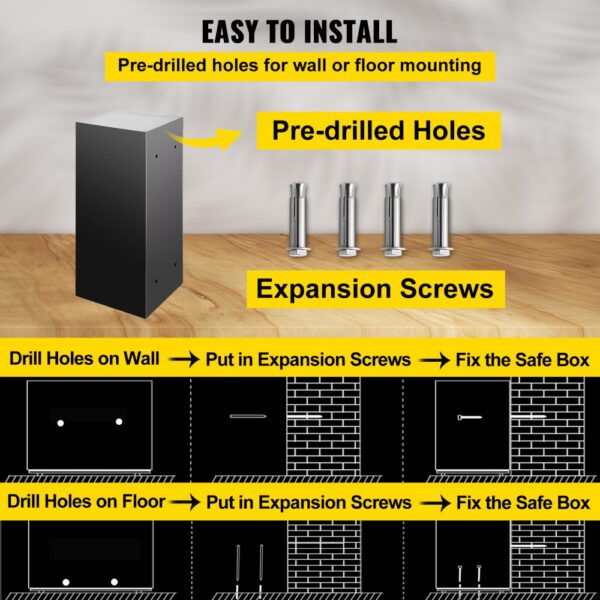 easy installation of VEVOR security safe box with pre-drilled holes and expansion screws.