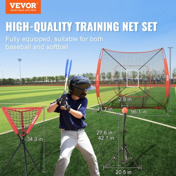 VEVOR baseball softball practice net set on a field, with player and training equipment dimensions detailed.