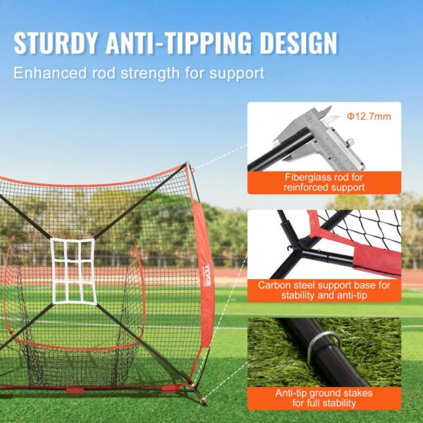 VEVOR baseball softball practice net with fiberglass rod, carbon steel base, and anti-tip ground stakes.