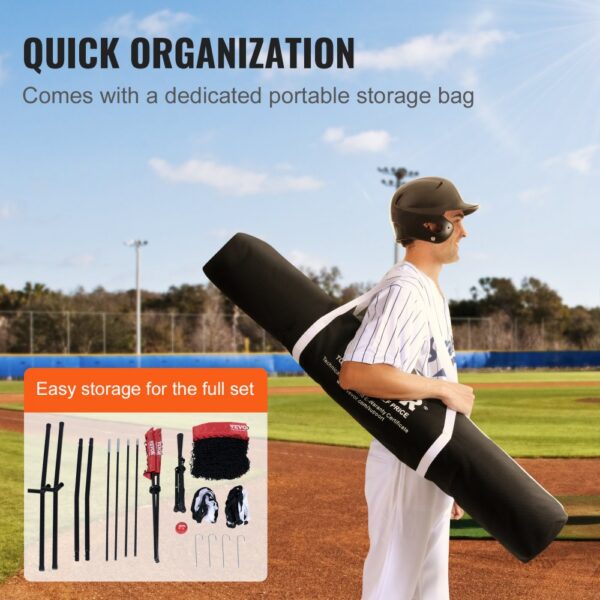 baseball player carrying VEVOR baseball softball practice net storage bag by field, with setup components.